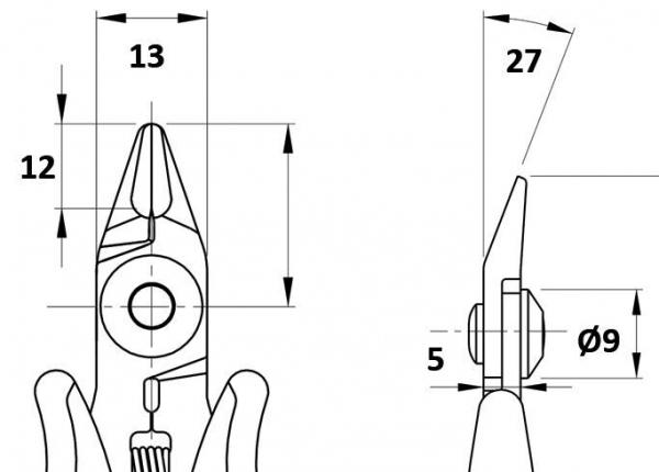 The drawing depicts a pair of pliers in a technical style. From the front, the dimensions are given as 12 mm in height and 13 mm in width. From the side, a length of 27 mm and a diameter of 9 mm are visible.