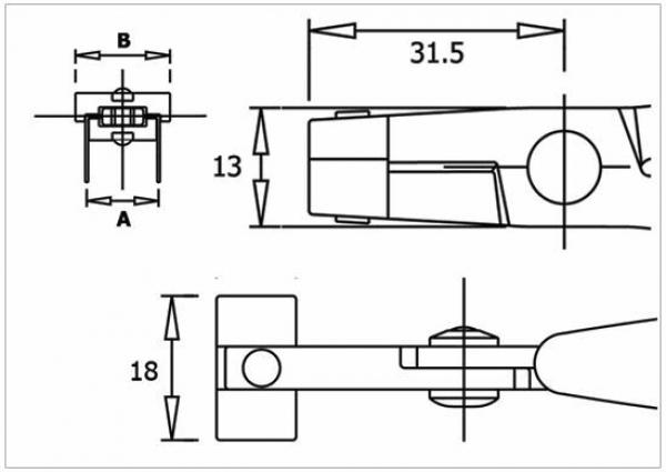 The image shows technical drawings of a component with dimensions. Three views are depicted: a top view, a side view, and a detailed view, with measurements.