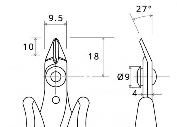 The image displays a technical drawing of pliers. It specifies dimensions: length 18 mm, width 9.5 mm, and specific angles. Shows various views of the pliers.