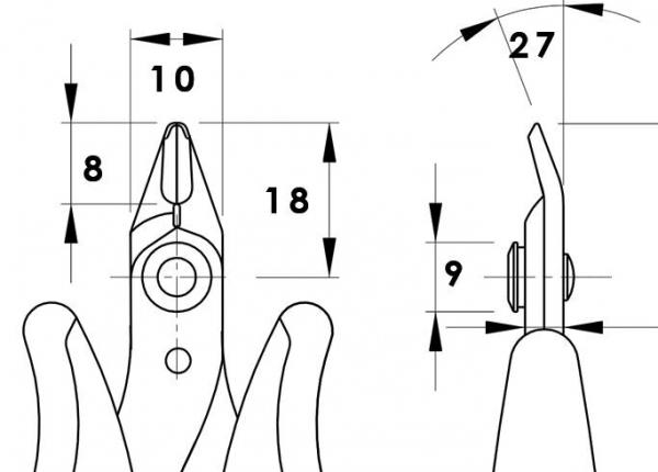 The image displays a technical drawing of a pair of pliers from the top and side views. Dimensions are indicated: lengths and diameters in millimeters. The pliers have a pointed shape and ergonomic handles.