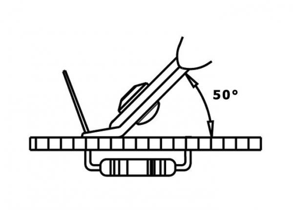 The image shows a side view of an object that is tilted at an angle of 50°. It is positioned on a horizontal surface and has a mount on the bottom.