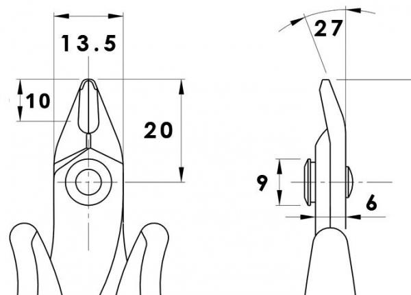 Das Bild zeigt technische Zeichnungen von Zangen, mit Maßangaben. Links wird die Vorderansicht und rechts die Seitenansicht dargestellt. Maße variieren zwischen 6 und 27 mm.