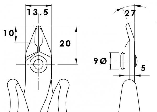 Das Bild zeigt eine technische Zeichnung einer Zange. Die zwei Ansichten (von vorne und Seite) zeigen Maße und Proportionen. Wichtige Maße sind 13,5 mm, 10 mm und 27 mm.