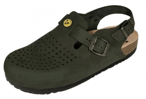 The image shows a dark green clog sandal with an open heel area, a strap, and ventilation holes on the top. The sole is made of black material.