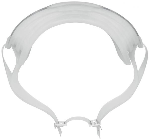 Das Bild zeigt eine durchsichtige, halbrunde Schutzvisier-Maske. Sie hat einen flexiblen, weißen Halterungsgurt, der um den Kopf getragen wird, um das Gesicht zu schützen.