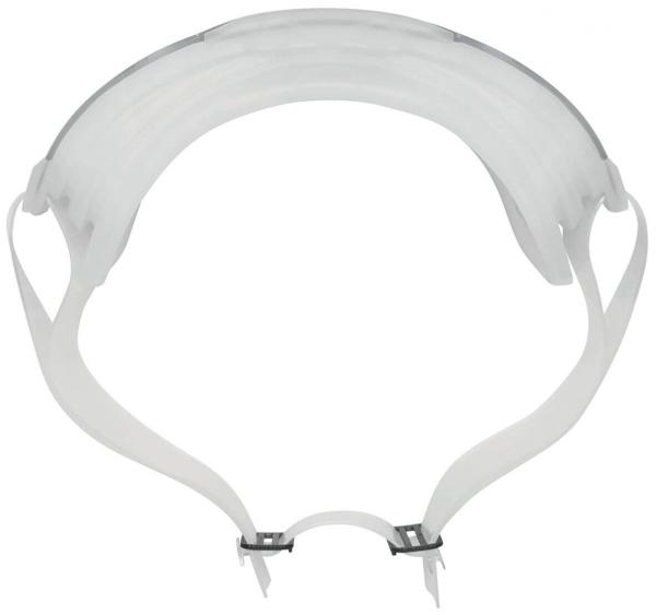 Das Bild zeigt eine klare, abgerundete Gesichtsschutzvisier. Es hat einen elastischen Strap für den Sitz und ist transparent, ideal zum Schutz im Gesicht, z. B. bei Arbeiten oder im Gesundheitswesen.