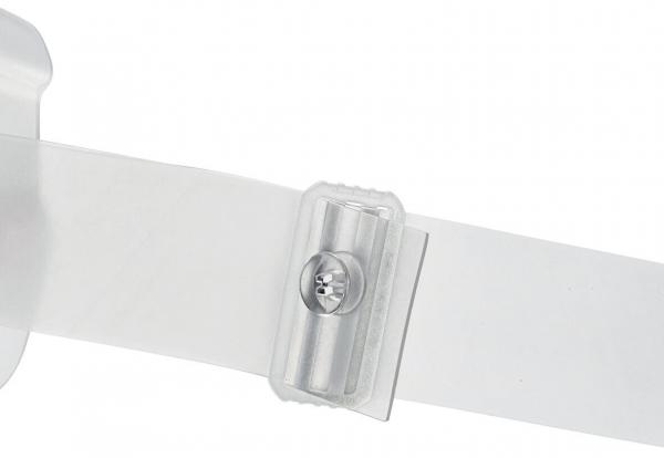 Das Bild zeigt ein transparentes Band mit einer einfachen Schnalle. Das Band ist glatt und geradlinig, während die Schnalle leicht erhöht und rund ist, um den Verschluss zu sichern.