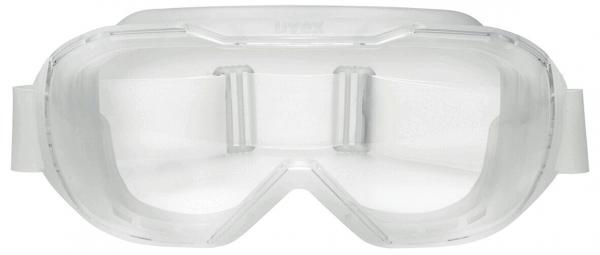 Auf dem Bild sind Schutzbrillen zu sehen. Sie sind transparent und haben ein breites, elastisches Band für einen sicheren Sitz. Die Gläser sind groß und rahmenlos, ideal für Schutz.