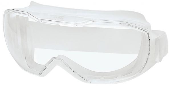 Das Bild zeigt eine klare Schutzbrille. Sie hat ein breites, flaches Design mit einer durchsichtigen Scheibe und einem elastischen Band für einen sicheren Sitz.
