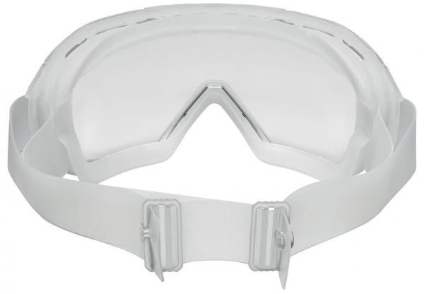 Das Bild zeigt eine weiße Schutzbrille mit einer breiten, flexiblen Band, das zwei Anpassungsschnallen hat. Sie hat ein gebogenes, transparentes Glas und ist für verschiedenen Aktivitäten geeignet.