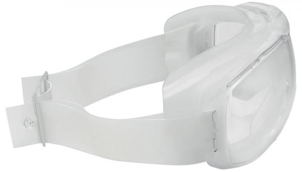 Das Bild zeigt eine transparente Schutzbrille mit einem breiten, elastischen Band. Die Brille hat eine glatte Oberfläche und ist so geformt, dass sie eng anliegt und Augen schützt.