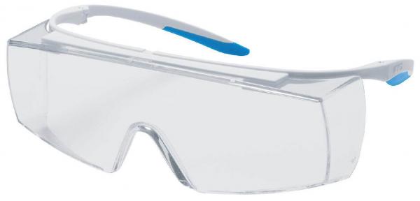 This is a transparent safety goggles. It has a simple, fully enclosed frame and side shields. The temples are white with blue accents.
