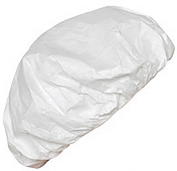 The image shows a white, plastic headgear often worn in kitchens. It is lightweight and has a wavy surface, similar to a shower cap.