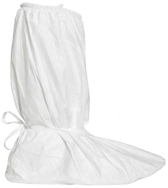 The image shows a simple, white overshoe cover made of lightweight material. It has an elastic band at the top and is open to the tip of the foot to protect the shoe.