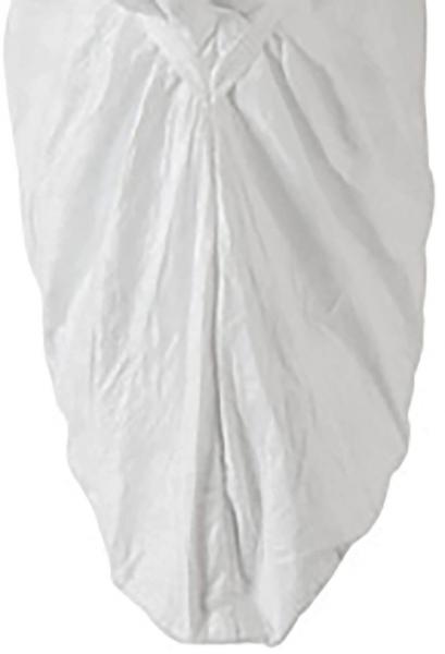 The image depicts a simple, white textile piece that hangs loosely. It has folds and a symmetrical shape that converges in the middle. The surface appears light and smooth.