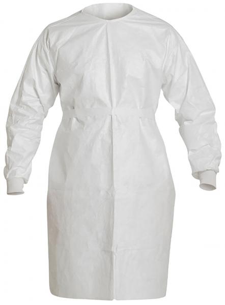The image shows a white, plain coat with long sleeves. The coat has a round neckline and reaches down to the thigh. It provides protection and hygiene.