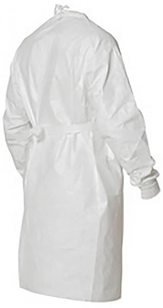 The image shows a white, long coat made of plastic. It has long sleeves and a tie at the neck. The coat is simple and protects against contamination.