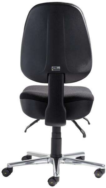 The image shows a black office chair with a high backrest. The chair has wheels and an adjustable seat height. The base is made of shiny metal and has five caster wheels.