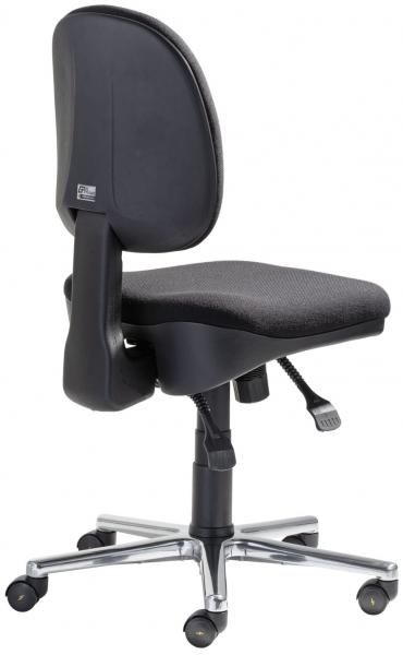 The office chair has a black upholstery and a high backrest. It stands on a sturdy, chrome-plated base with five casters that facilitate movement. Height adjustable.