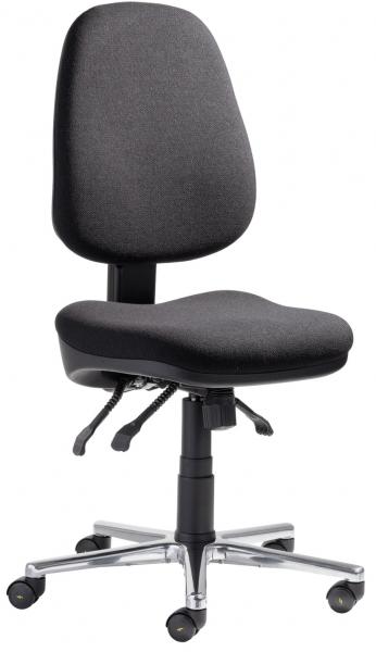The office chair has an ergonomic shape with a gray, padded seat and backrest. It stands on a five-spoke base with casters for mobility and has multiple adjustment options.