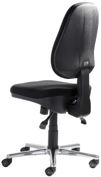 The office chair is black with an ergonomic backrest and seat. It has five casters for mobility and an adjustable mechanism for seat height. The base is silver-colored.