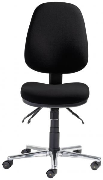 The office chair is black with a high backrest. It has a padded seat, is height-adjustable, and is on a five-pronged base with casters.