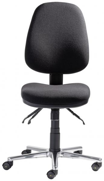 The chair is ergonomically shaped, with a high back and a wide seat. It is black with a sturdy metal base and movable casters for mobility.
