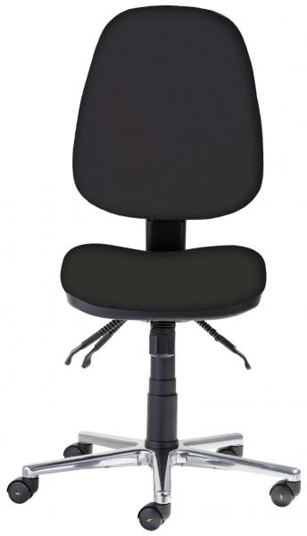 The office chair has a black upholstery and a high backrest. It stands on a chrome-plated base with five casters for mobile use. The seat height is adjustable.