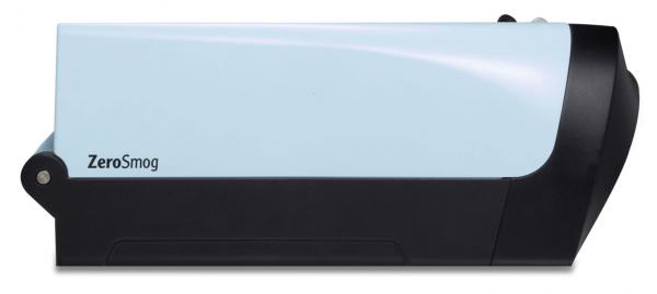 The image depicts a modern, compact device in a mix of light blue and black plastic. It has a smooth, rounded shape and the word "ZeroSmog" is printed on the side.