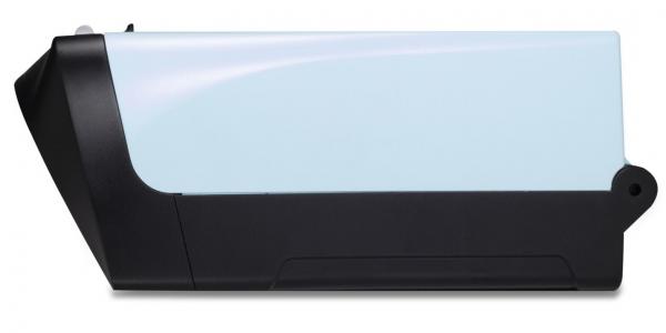 The image displays a rectangular, narrow object in black and light blue. The top surface is translucent and smooth, while the bottom appears sturdy.