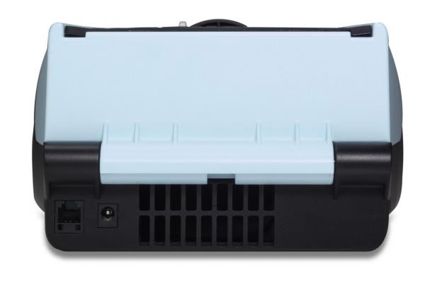 The image displays a compact device in black and blue. The top is light blue with two grooves. On the bottom, ventilation slots and a connector socket are visible.