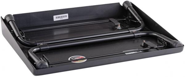 The image shows a black, flat surface with curved, black tubes on the sides. The structure is foldable, with a simple locking mechanism at the top center.