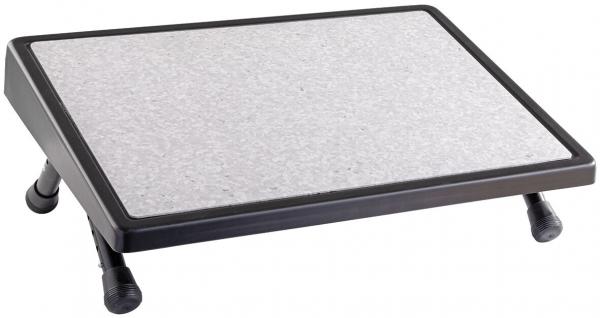 The image shows a rectangular, elevated platform with a gray, rough surface and a black plastic frame. It has four adjustable legs.