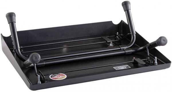 The image shows a black, rectangular plate with two rounded handles on the sides. In the center, there are several metal rods that provide a stable structure.