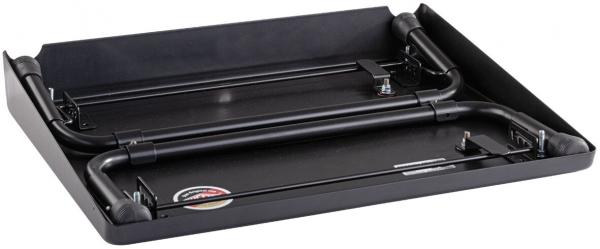The image displays a black, flat tray with rounded edges. It has a smooth surface and two curved metal pieces on the sides that stabilize the tray.