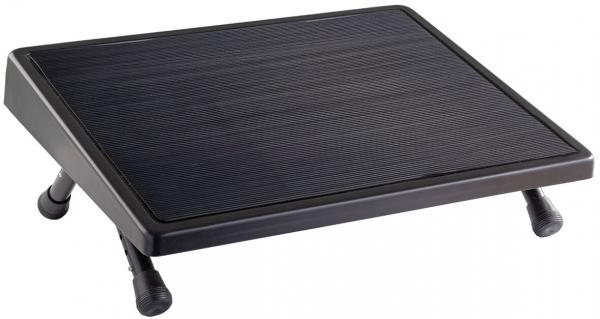 The image shows a black, square tray with a textured surface. It has four adjustable feet that provide stability and allow for height adjustment.