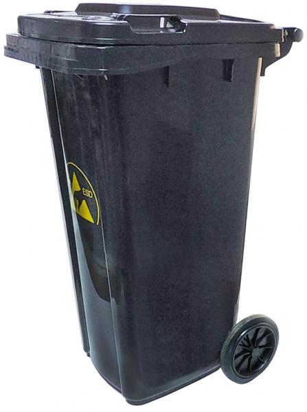 The trash can is black and has two wheels. It has a lid with a handle and a warning symbol for radioactive materials on the side.