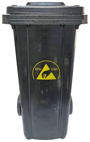 The image shows a black trash can with two wheels. On the front, there is a yellow symbol featuring two mountains and the inscription "EPA ESD", indicating hazardous waste.
