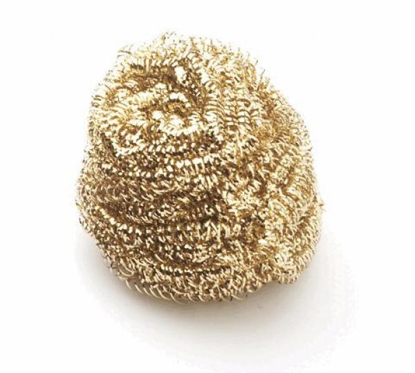The image shows a gold-colored, spiral-shaped object made of thin wires. It has an irregular, foamy shape and looks somewhat like a curly ball.