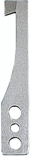 The image shows a metallic tool with a long, narrow shape. It has a notched edge and three round holes in a row. The surface is textured and silver.