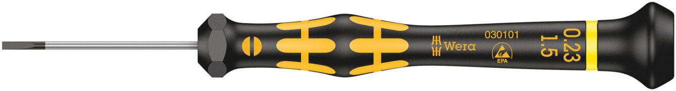 The image shows a narrow screwdriver with a black, non-slip handle and yellow accents. The blade is straight and thin, suitable for small screws.