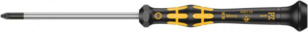 The image shows a screwdriver with a long, thin metal handle and a screw head slot. The handle is black with yellow accents and has a non-slip surface.