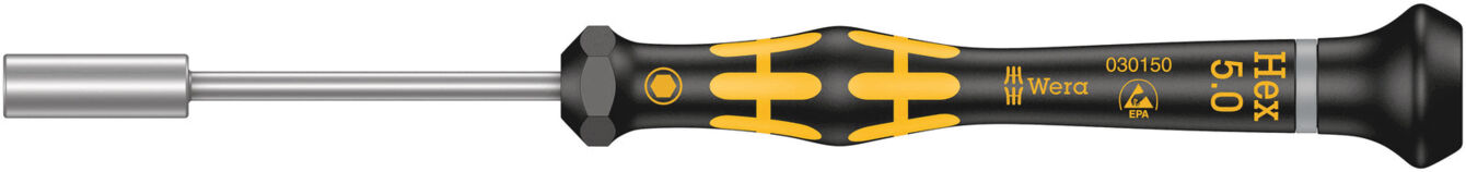 The image shows a screwdriver with a long, narrow metal head and a non-slip handle in black and yellow. The handle has a textured surface for better grip.