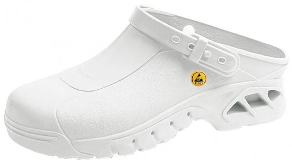 The image shows a white clog made of lightweight material. It has an open heel, an adjustable strap, and a non-slip sole with air vents on the sides.