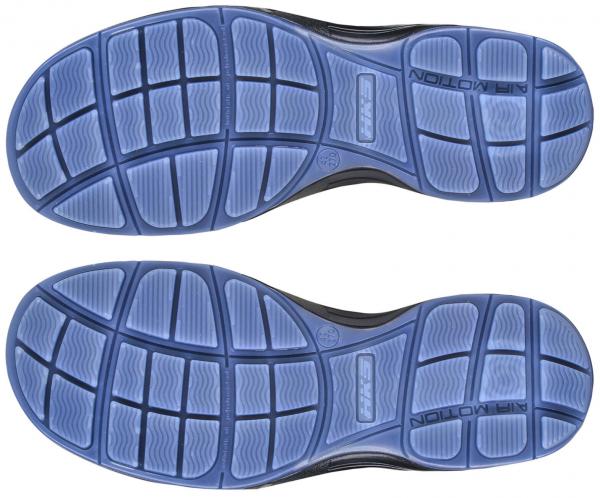 The image displays the undersides of shoes. The sole is primarily black with blue rubber inserts, which are structured by a diamond-shaped pattern.
