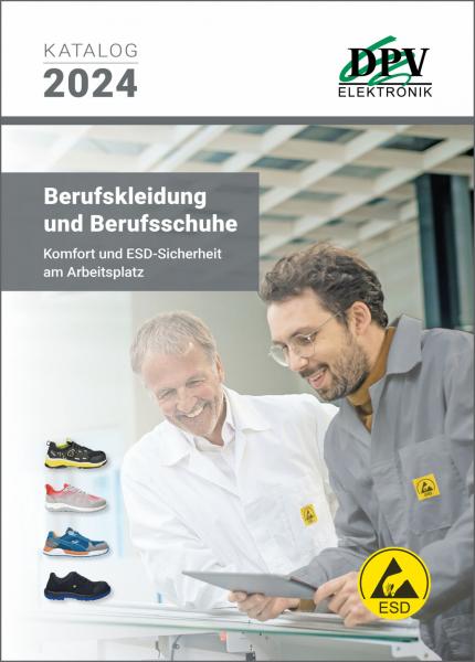 Das Bild zeigt einen Katalog für Berufskleidung und -schuhe, mit dem Fokus auf Komfort und ESD-Sicherheit. Zwei Männer betrachten Produkte, die am unteren Rand abgebildet sind.