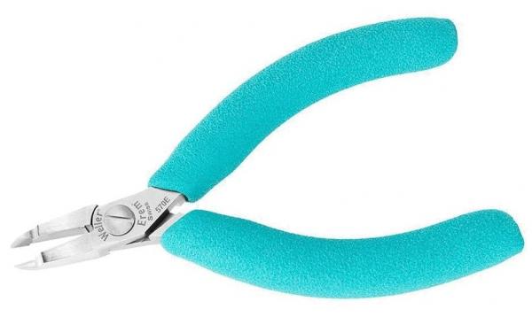 Two short, angled pliers with a silver head and blue, grippy rubber handles. They are designed for precise tasks.