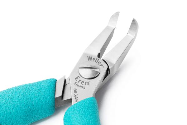 The image displays a narrow pair of pliers with two pointed blades. The handle is wrapped in non-slip, turquoise material. The brands "Weller" and "Erem Swiss" are marked on the pliers.