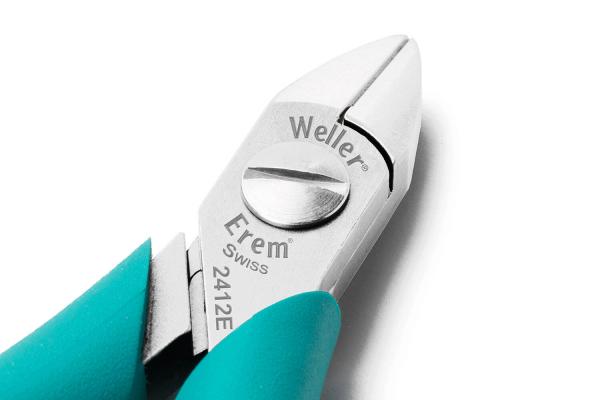 The image displays a high-quality pair of pliers with sharp, pointed blades and a round handle. The pliers have a metallic sheen and an ergonomic, turquoise handle.