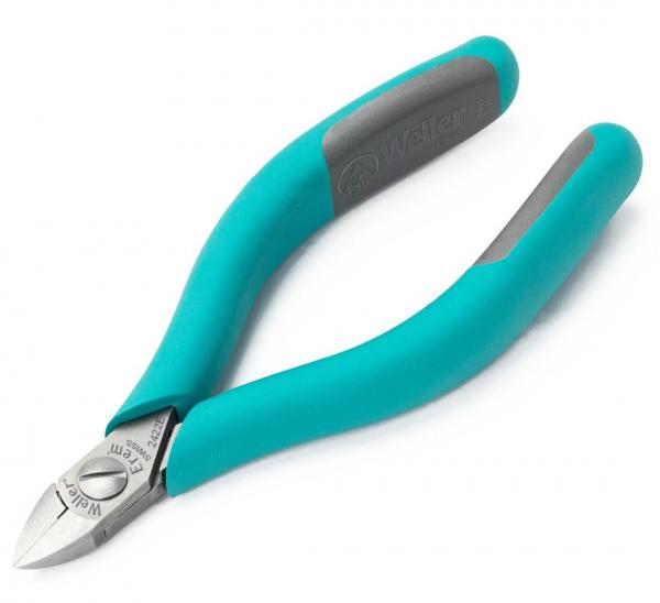 The image shows a comfortable pair of pliers with ergonomically shaped, turquoise handles. The head is made of metal and has a sharp edge for cutting. It is suitable for delicate work.